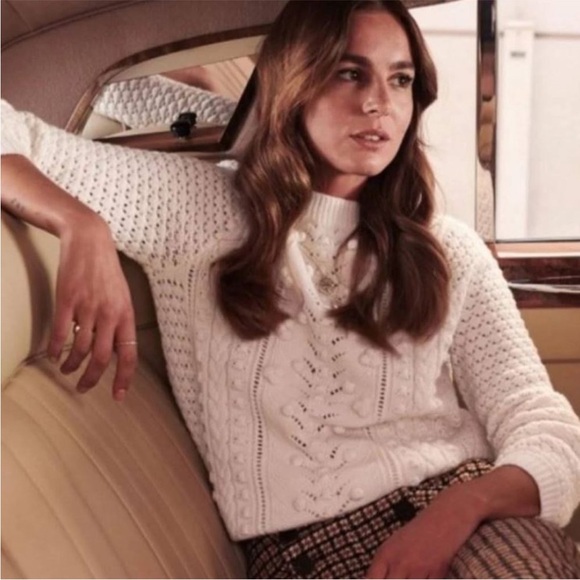 Sezane Cream Popcorn Cable knit 100% soft wool sweater pullover jumper Sz XS - Picture 15 of 15